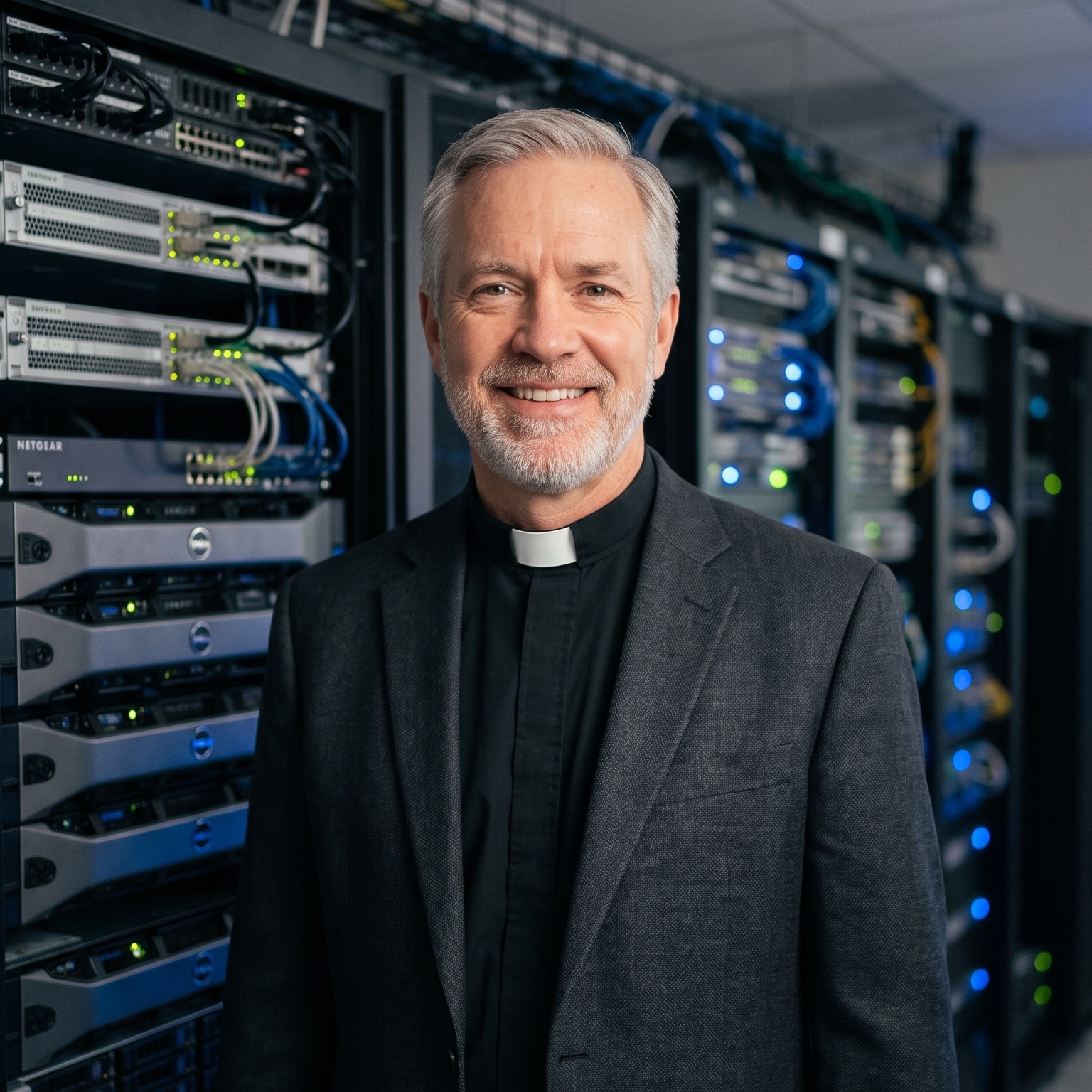 A headshot of a ServerPriest minister in front of a server room